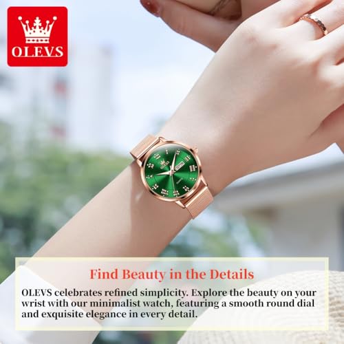 OLEVS Green Women's Watch Glossy Green Dial Gold Mesh Strap Day Date Roman Numerals Watches for Women Waterproof Minimalist Luxury Dress by OLEVS - Used condition - Image 2