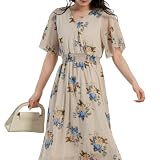 [Teddy] リゾートワンピース レディース サマードレス ロング マキシ丈 半袖 シフォン 透け Aライン tops1026 M T:グレージュ×フラワー