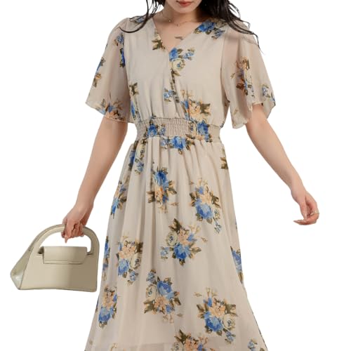 [Teddy] リゾートワンピース レディース サマードレス ロング マキシ丈 半袖 シフォン 透け Aライン tops1026 L T:グレージュ×フラワーの商品画像（Amazon）