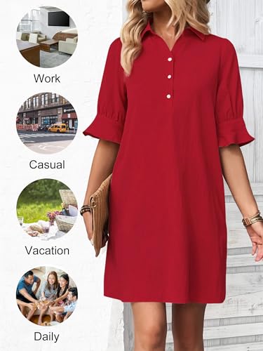Image of FENSACE Womens Casual Shirt Dress Ruffle Sleeve Button Down Shift Summer Dresses with Pockets