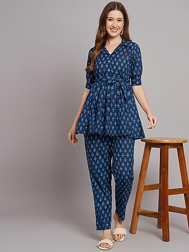 Image of Women's Cotton Regular Fit V Neck Printed Top with Trouser Co-ords Set with Fashion & Elegant Design (1 Top 1 Pant 1 Belt)