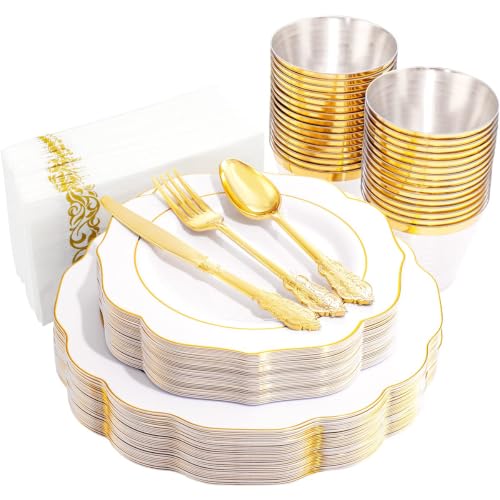 NOCCUR 175PCS Gold Plastic Plates with Disposable Silverware - White Gold Plastic Tableware Include 25 Dinner /25 Dessert Plates, 75 Cutlery, 25 Cups, 25 Napkins - Ideal for Party/Wedding