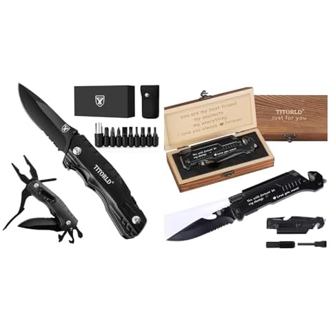 Pocket Knife Multitool, Gifts for Men Dad Him, Christmas Stocking Stuffers for Men, Cool EDC Hiking Folding Knife, Camping Hunting Multitool Knife Present, 7 in 1 Folding Knives with Wood Box Cover