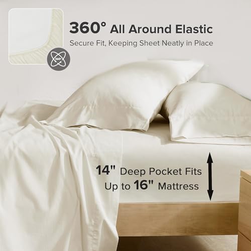 Comfort Spaces 100% Cotton Sheets Queen, Breathable, Ultra Soft Cotton Sheets, Naturally Cool Cotton Bed Sheets with 14" Elastic Pocket Fits up to 16" Mattress, All Season Sheet Set, Ivory 4 Piece