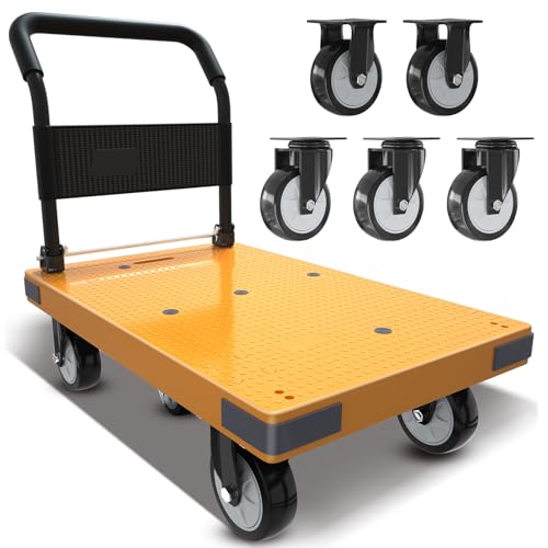 WUD Push Cart, Folding Mobile Platform Trolley,Thickened and Reinforced, 360° Swivel Wheels,35.4 “L x 23.6 ”W, 1323 lb. Yellow by WUD - Used condition - US$118.53