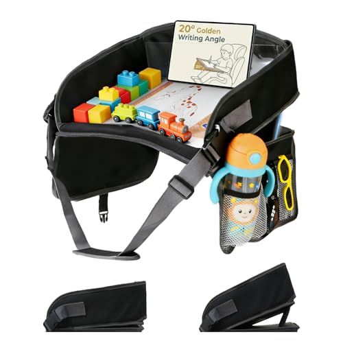 XZEETOP Kids Travel Tray for Car Lap Desk for Kids Ergonomic Elevated Angle Car Seat Tray with Cup Holder Storage Pockets Ideal Travel Essentials for Long Trips by XZEETOP - Used condition - US$13.10