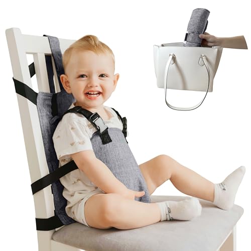 Seggiolone da viaggio compatto, leggero e sicuro - seggiolone da viaggio portatile per bambini, si adatta a tutte le sedie, facile da installare, imbracatura di sicurezza, (Grigio)