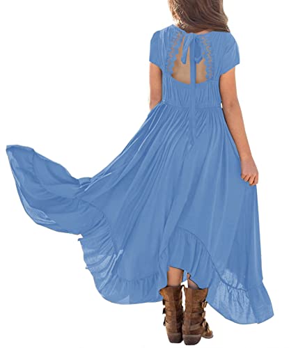 Mitilly Girls Boho Lace Flower Backless Crew Neck Short Sleeve Ruffle Swing Maxi Dress With Pockets 12 Years Light Blue #TOP24