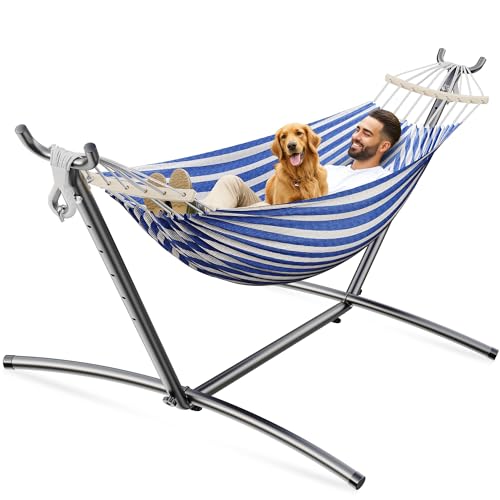 ANAGOO 2 Person Hammock with Stand, 500 lb Indoor Outdoor, Blue White