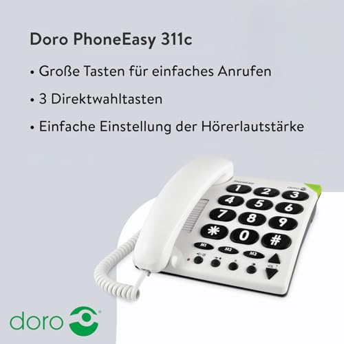 DORO PhoneEasy 311c Festnetztelefon für Senioren mit großen Tasten | Festnetztelefon für Senioren als Haustelefon mit großen Tasten, Direktwahltasten, Anrufsignalisierung, lauter Rufton, Weiß