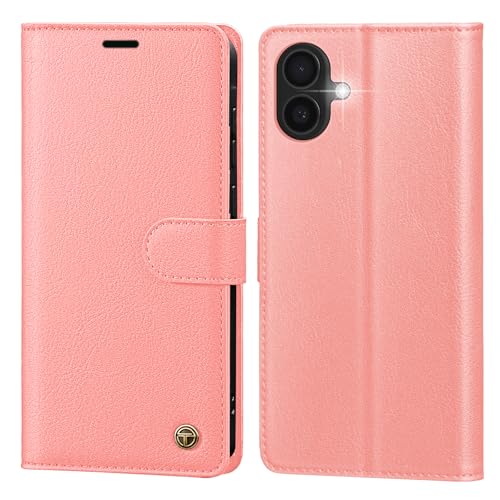 Étui iPhone 16 rose en cuir pour éviter les rayures écran grâce au rabat magnétique sûr
