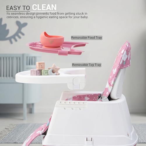 Image of Baybee 4 in 1 Convertible High Chair for Kids | Foldable Baby Feeding Chair with Safety Harness, Adjustable Tray, Booster Seat | Easy to Clean, Portable Dining Chair (Pink)