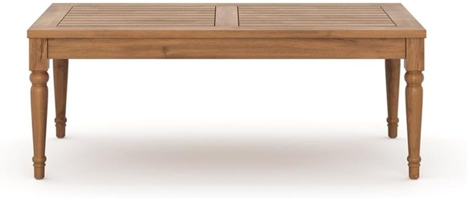 Pemberly Row 47 in Patio Coffee Table, Solid Acacia Wood, Natural Finish, Weather-Resistant, Traditional Style with Turned Legs, Plank Top, Outdoor Furniture for Backyard or Garden Use