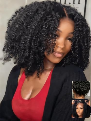 UNICE 4C Edge Kinky Curly Human Hair Drawstring Wig Bye Bye Knots 7x5 Lace Front Glueless Wigs Pre Plucked Pre Cut Put On & Go Wig for Black Women 16 inch