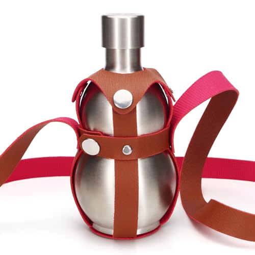 SNOMEL - 16.9 Oz Stainless Steel Gourd Bottle, Metal Gourd Water Bottle with Brown Strap, Small Drinking Gourd, Whiskey Alcohol Liquor Flask Flagon for Men Women Outdoor