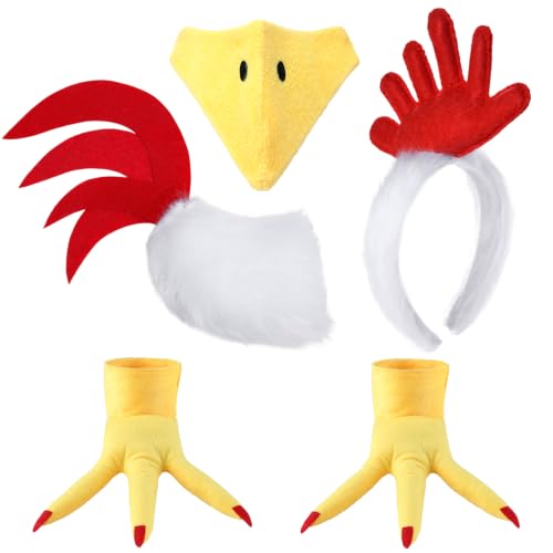 5 PCS Rooster Chicken Costume Adults Accessories, Comb Headband, Chicken Tail, Beak Nose Mask and Yellow Feet Shoe Covers, Halloween Thanksgiving Rooster Costume Cosplay Outfit