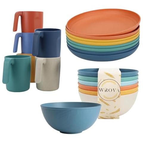 Wrova wheat straw bowls 40oz and 10in deep plates sets with 16oz mugs set of 6 - unbreakable dinnerware sets of 20 - Colorful Series Cover