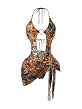 Milumia Women's Leopard Print Ring Linked One Piece Monokini Swimsuits with Cover Up Skirts Multicolor Large