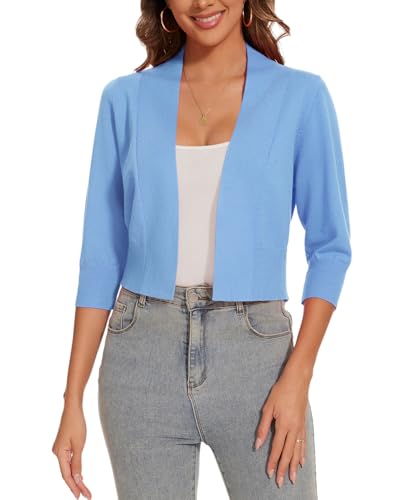 Image of Women 3 /4 Sleeve Cropped Cardigan Lightweight Casual Open Front Bolero Shrug Sweaters