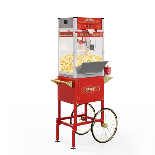Popcorn Machine with Cart, Vintage Style Movie Popcorn Cart with Wheels & 20 Oz Kettle - Pop 62 Cups Per Batch, Portable Standing Popcorn Maker for Parties, Commercial, Events, Home Theater - Red