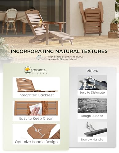 Ciokea Folding Adirondack Chair with Retractable Ottoman Fire Pit Patio Chair with Pull Out Foot Rest Weather Resistant Lawn Outdoor Lounge Chair with 2 Cup Holder (Teak)