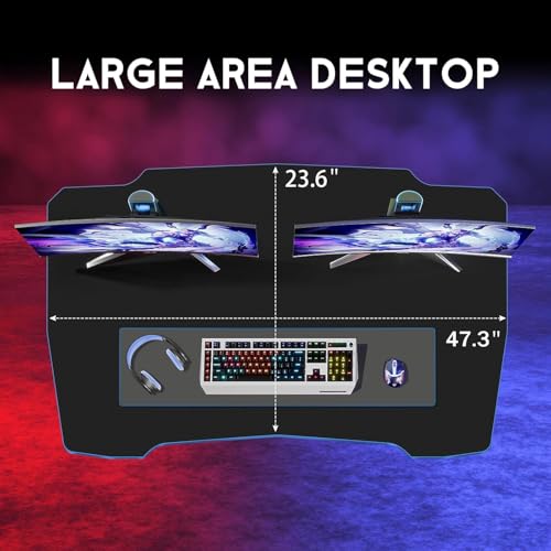 Image of Z-Shaped Gaming Computer Desk - 47 inch Large Gaming Table with Carbon Fiber Surface, Sturdy Metal Frame, Blue