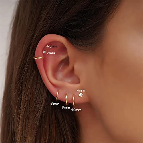 Daili 6 Pairs Women Earring Sets For Multiple Piercing,14K Gold Plated Dainty Small Hoop Huggie Earrings, Lightweight Cartilage Earrings,Silver Tiny Stud Earrings Cz Flat Back Earrings For Helix Hypoallergenic #TOP3