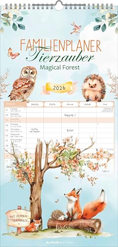 Alpha Edition - Familienplaner Tierzauber 2026 – Familienkalender 22×45 cm mit 5 Spalten & liebevollen Tierillustrationen, praktischer Wandkalender für Tierliebhaber