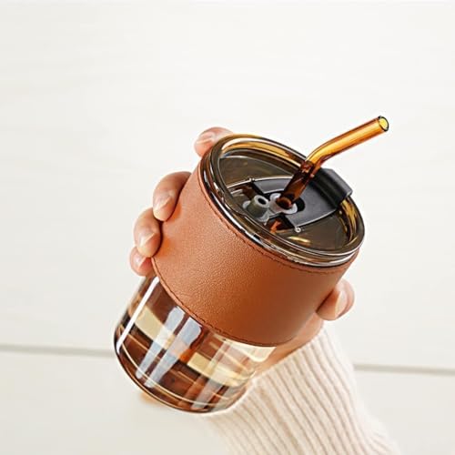 Image of Personalized Glass Tumbler with Straw & Leather Sleeve | Reusable Travel Cup with Lid for Coffee, Juice, Smoothies, Cold Drinks | Leakproof & Eco-Friendly Drinking Glass (Brown, 400ml)