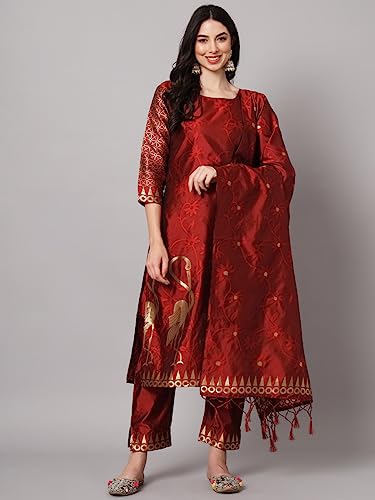 Image of VredeVogel Women's Cotton Silk Jacquard Kurta Pant Set with Banarasi Silk Dupatta