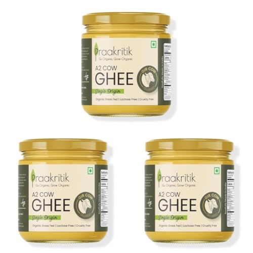 Image of Praakritik Natural Desi A2 Gir Cow Ghee 500ml - 100% Pure - Prepared by Traditional Bilona Method - Vedic Cultured Grassfed - Vegetarian GMO Free Lactose Free - Cow Ghee 500 ml (Pack of 3)