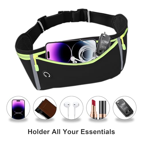 Image of Slim Running Belt for Women Men,Runners Fanny Pack Phone Holder,Money Belt,Running Gear Accessories,with 3 Pockets (Green-black)