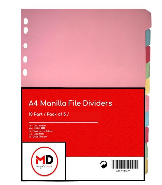 A4 10 Part File Dividers - Subject Divider with Assorted Manilla Card Tabs - Pack of 5