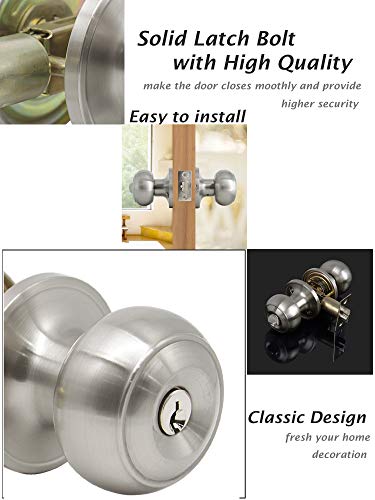 Knobonly 4 Pack Brushed Nickel Keyed Entry Combo Door Knobs, Exterior Entry Door Handles Keyed Alike, Flat Ball Shape, Door Knobs #TOP4