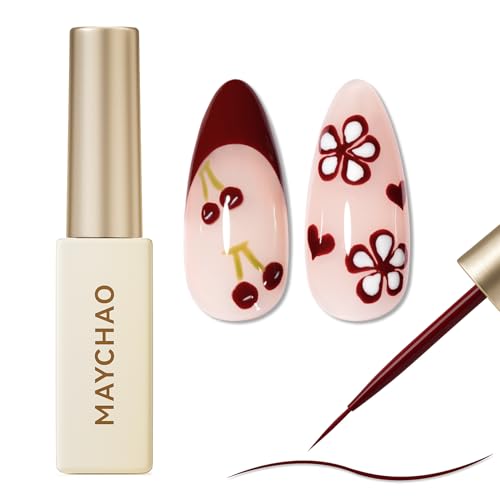 MAYCHAO Burgundy Swirl Gel Liner Nail Art Polish, 8ml Classic Burgundy Red Gel Color Built-in Thin Brush, UV Light Cure for French Nail Tips DIY Manicure at Home Salon