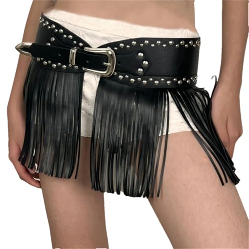 Pohullan Women Vintage Punk Style Tassel Patchwork Pu Leather Belts Harajuku Personality High Street Wide Belt - Main Image