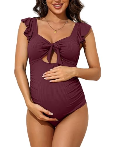 Charmo Women Maternity One Piece Swimsuit Ribbed Tie Knot Pregnancy Swimwear Padded Red XL