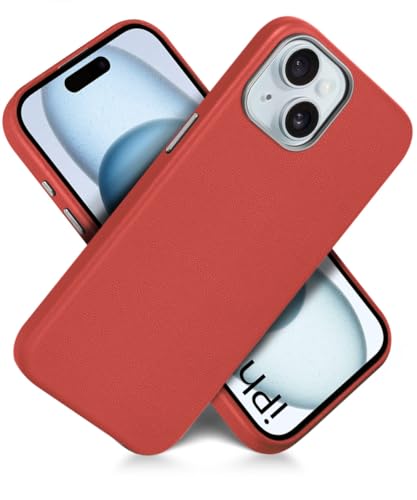 Image of WOW IMAGINE Back Cover for iPhone 15 | Shockproof Tough Leather Texture Hard Mobile Case | Ultra Slim Non-Slip Grip | Inner Velvet Fabric | Metal Camera Ring - Crimson Red