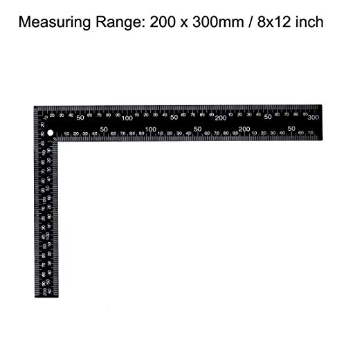 Angled Ruler 200 x 300 mm 8 x 12 Inch Metric Double Scale Stainless Steel Double Side L Square Shape 90 Degree Layout Tool for Carpenters Engineer Black - Image 2