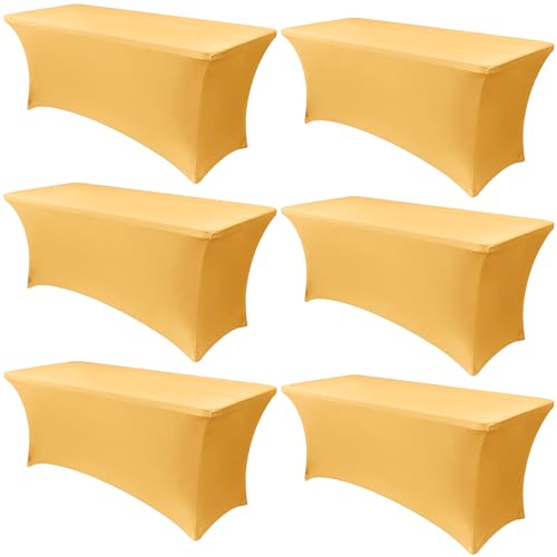 Obstal 6 Pack Spandex Stretch Table Covers for 6 Foot Tables, Gold