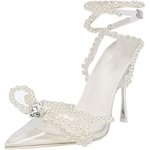 YIYA Womens Pointed Toe Clear Heels Sandals with Strappy Pearls Ankle Strap Sexy Rhinestone Bow Heels Stiletto High Heel Wedding Party Pumps Shoes