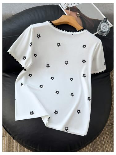Image of RoseSeek Women's Bow Print Short Sleeve Round Neck Oversized Tops Basic Loose Fit Drop Shoulder Tees for Summer