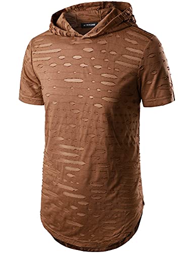 Atryone Mens Hip Hop Hipster Hoodie Short Sleeve Solid Color Pullover Scallop Hemline Hole T Shirt Maroon Large #TOP22
