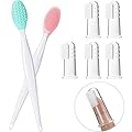Set of 7 Pet Finger Toothbrush and Double-Sided Soft Silicone Gentle Dental Brushes Kit with Curved Long Handle Dog Cat Toothbrushes Cleaning Brush Dental for Most Pets