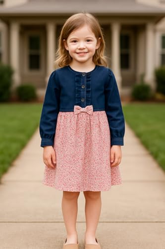 Image of Bold N Elegant Girl's Short Sleeve Front Open Stylish Cute Cotton Denim Dress Frock Tunic with PU Leather Belt and Pockets for Infant Toddler Baby Girls