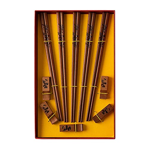 Panda Chopsticks with chopstick set,Wooden 5 Pairs Reusable Chopsticks with Delicate box, Washable and Dishwasher Safe, Chinese Japanese Korean Classic Stylish,Easy To Use,Non-Slip