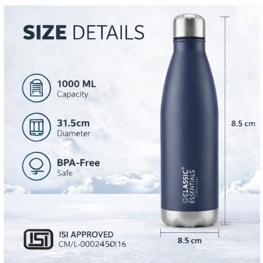 Image of CLASSIC ESSENTIALS Insulated Double Wall Vacuum Stainless Steel Water Bottle 24 Hours Hot and Cold BIS Approved,100% Leakproof Lid,Sweat Proof Water Bottles, Great for Travel Picnic Navy Blue-1000ml
