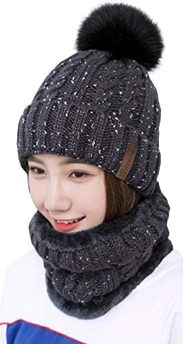 29 IYEBRAO Womens Winter Knit Pom Pom Beanie Hat Scarf Set Girls Slouchy Thick Fleece Lined Ski Hat Warm Skull Cap
