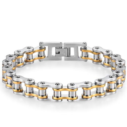 Ockyunoo Pulsera de Bicicleta para Hombre, Pulsera de Cadena de Motociclista de Acero Inoxidable, Pulsera de Eslabones de Punk Rock, Joyería de Cadena de Eslabones de Brazalet (Platino)
