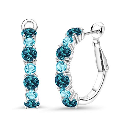 Gem Stone King 925 Sterling Silver London Blue Topaz and Swiss Blue Topaz Hoop Earrings For Women (3.54 Cttw, Gemstone November Birthstone, Round 4MM and 3MM)